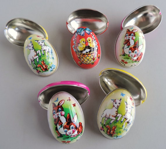 Vintage Retro Tin Litho Easter Eggs Set of 5 Small Metal Egg