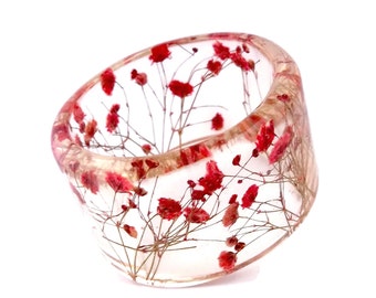 Size Medium Red Botanical Resin Bracelet. Resin Jewelry with Pressed Flowers. Real Flowers - Red Baby's Breath. Resin Jewelry