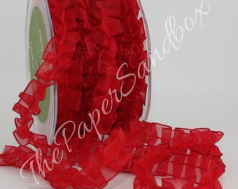 Red Pleated Ribbon, Red Ribbon, 5/8" wide, Sheer Red Trim, Sewing, Crafts, Valentine's Day, Christmas, Gift Wrapping, Costumes