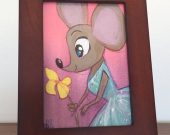 ORIGINAL | Mouse and Flower | 3x5 Framed Acrylic Painting | Flimflammery
