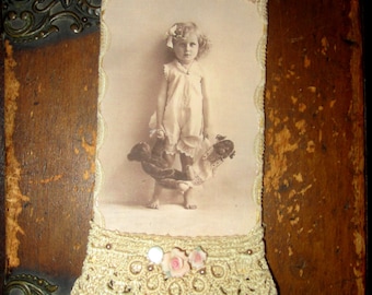 Vintage Lace Collage Sweet Girl with her Teddy Bear and Doll Embellished Tag