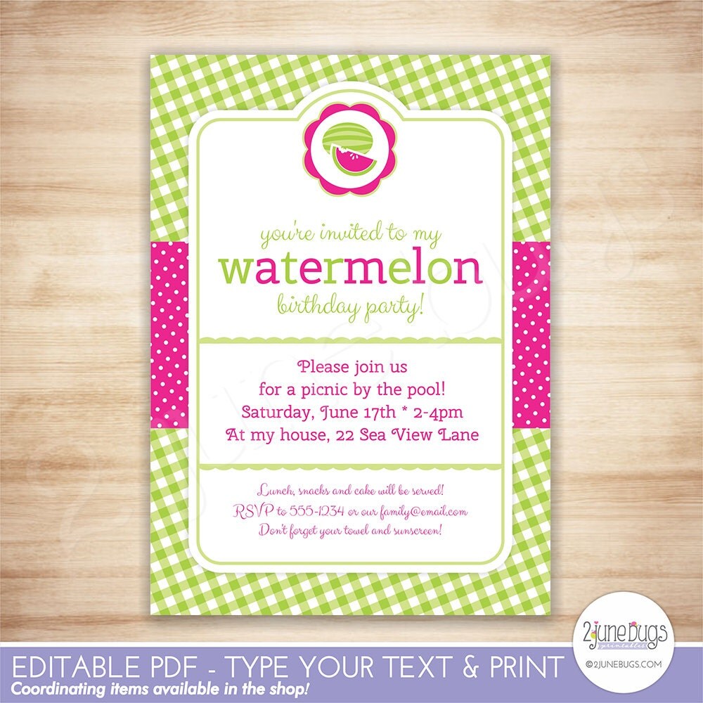 Watermelon Party Invitation Template Watermelon Birthday