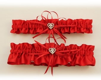 Red Satin Wedding Garter Set with Rhinestone Heart Charms, Bridal Garters, Valentine Garters (Your Choice, Single or Set)