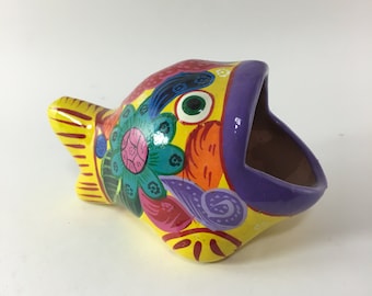 Vintage Signed Tonala Mexican Pottery Fish Figurine Folk Art - Yellow