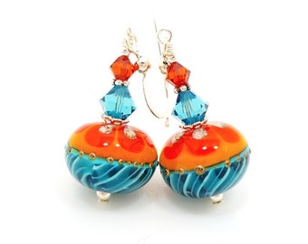 Turquoise Blue and Orange Earrings, Lampwork Earrings, Glass Earrings, Beadwork Earrings, Southwestern Earrings, Southwest Jewelry