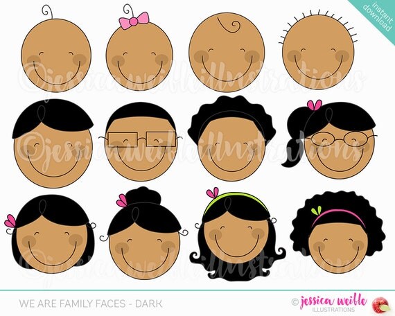 We are Family Faces -Dark Skin- Cute Digital Clipart for Invitations, Card Design, Scrapbooking, Web Design, Stick Figure Faces Clip Art Il_570xn