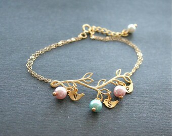 birds Bracelet, Gold Branch Bracelet, Initial Bracelet, Personalized Jewelry, Mother Bracelet, Mom Gift, Bridesmaids Bracelet, Gold Filled