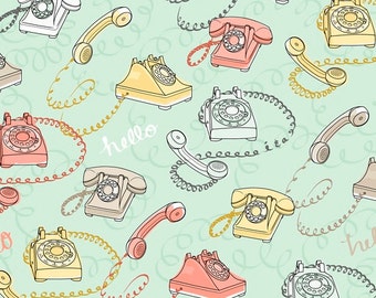 Telephone Fabric - Talk to Me by Ink and Arrow for Quilting Treasures - Full or Half Yard Lt. Seafoam Rotary Phones