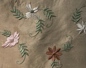 Embroidered Silk Fabric - Embroidered Flower Fabric - Silk Flower Fabric - Brown Silk Fabric Yardage - Designer Chenille Brocade - 1 yard