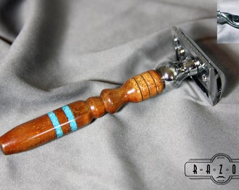 Hawaiian Koa Razor with Blue Torquoise Inlay 2-in-1 Double Edge & Mach3 Father's Day Graduation Gift Shaving Birthday Wet Shaving Ready2Ship