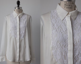 SALE 50% OFF Vintage Ralph Lauren White Blouse with Lace Yoke Tuxedo Oxford Shirt M