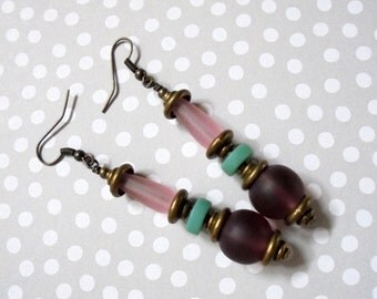 Pink, Purple and Teal Sea Glass Earrings (2735
