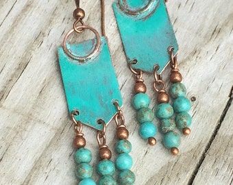 Blue Patina Boho Earrings with Copper and Turquoise Dangles