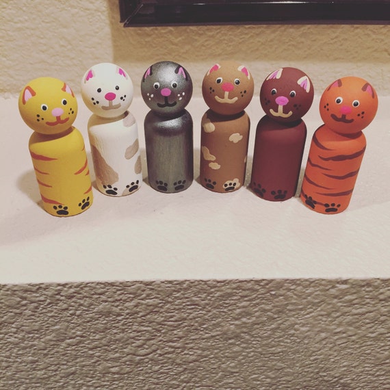 Handpainted Cat peg dolls toys wood craft kittens