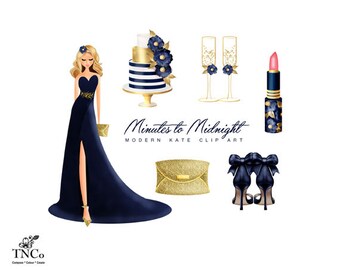 Fashion illustration - Evening gown - Gold glitter clipart - Gold clutch bag - Commercial clipart - Modern clipart - Navy and gold - MK