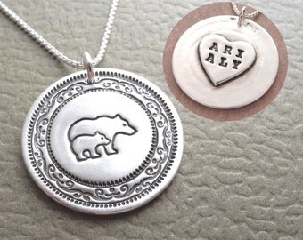 Personalized Mother and Baby Bear Necklace, Heart or Oval Monogram, New Mom Necklace, Fine Silver, Sterling Silver Chain, Made To Order