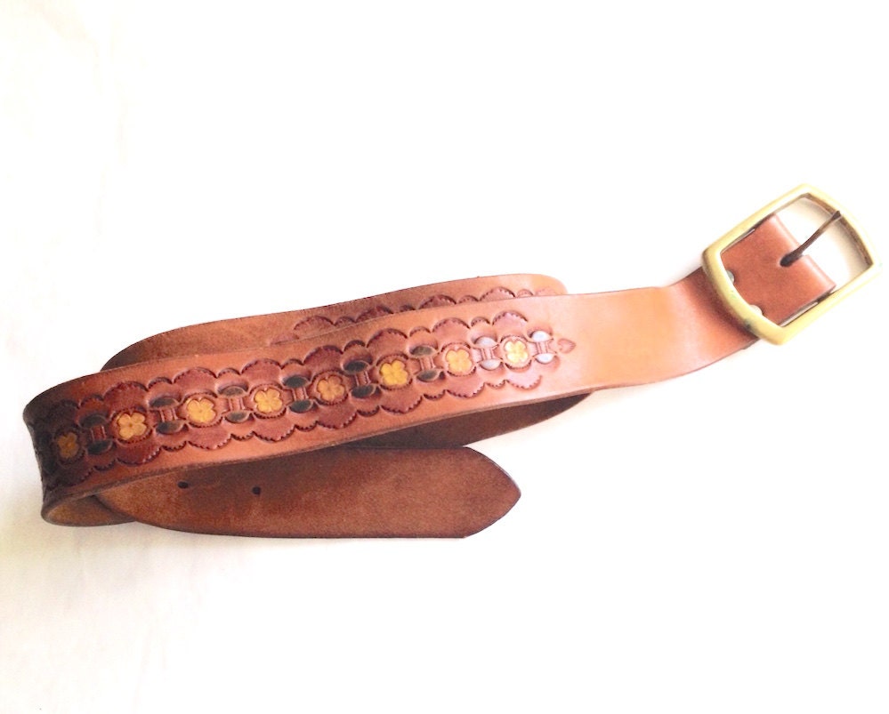 1960s hippie leather BELT with heavy SOLID BRASS buckle tan