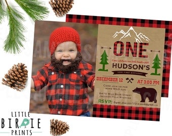 LUMBERJACK BIRTHDAY INVITATION - Lumberjack first birthday party invitation - Buffalo Plaid Invitation - Woodland Camping Bear Invitation