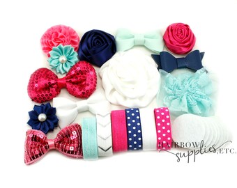 Baby Headband Kit The Celia, Navy, Fuchsia, Mint - Makes 12 Headbands - Baby Shower, Baby Headbands, DIY Headbands, Headband Making Kit