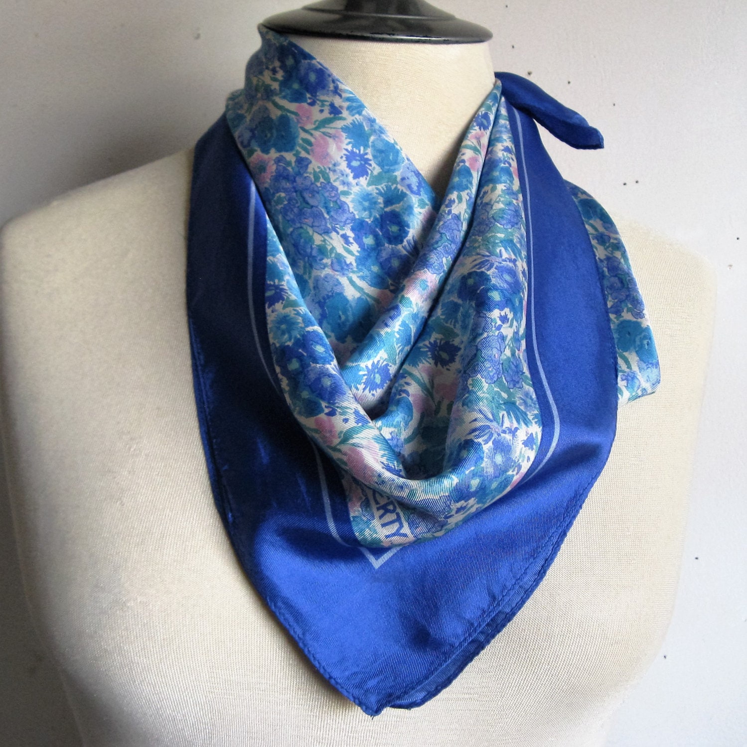 Vintage 60s Liberty Silk Scarf 1960s Sky Blue Floral Silk