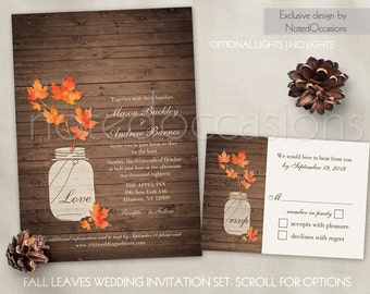 Rustic Fall Wedding Invitation Set | Fall Leaves in Mason Jar Wedding Invite and RSVP Suite Barn Wood Country Wedding DIY digital printable