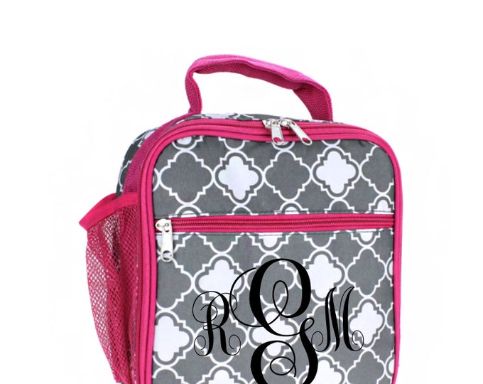 Gray and Pink Quatrefoil Monogrammed Lunch Bag, Kids Lunchbox, Insulated Cooler Tote, Personalized Name, Back to School, School Supplies