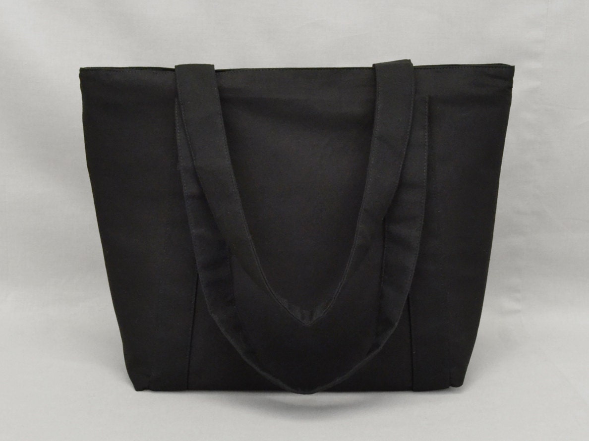 Black Zippered Tote Bag, Fabric Purse with Pockets, Heavy Duty Canvas Liner, Plain Black No ...