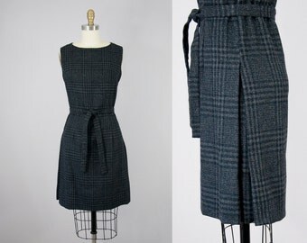 60s Vintage Charcoal Wool Plaid Side Pleats Dress. 60s Sleeveless Belted Dress (M)