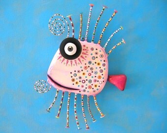 Pale Pink Guppy, MADE to ORDER, Original Found Object Wall Sculpture, Wood Carving, Wall Decor by Fig Jam Studio