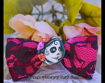 Sugar Skull Hair Bow, Day Of The Dead Lace Hair Bow, Gothic, Hipster, Scene, Lolita By: Tranquilityy