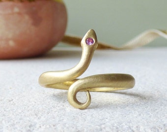 Chumana Snake Ring for Toes or Pinky with 1.5mm Pink Sapphire. 18k Recycled Gold. Handmade Artisan Amulet for Passion.