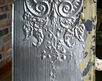 12" Antique Tin Ceiling Tile -- Original Silver Colored Paint - Beautiful and Ornate Design