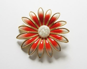 Orange and White Flower Pin Brooch with White Button Center Large Vintage Floral Jewelry Gift
