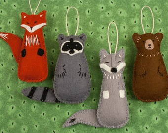 Felt Ornament PATTERN BUNDLE, Fox, Raccoon, Bear, Wolf, Woodland Animal, Forest Friend, Nursery Decor, Package Topper, DIY Handmade Gift