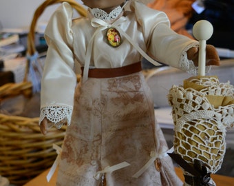 dolll clothes Victorian skirt box pleats ribbons crystals cream colored blouse cameo parasol vintage doily