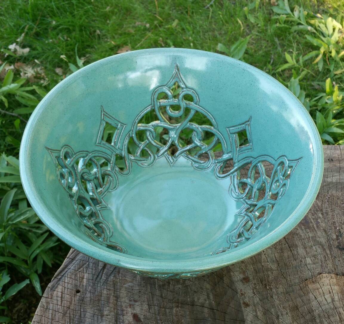 NEW Large Ceramic Fruit Bowl Turquoise Celtic Carved Bowl