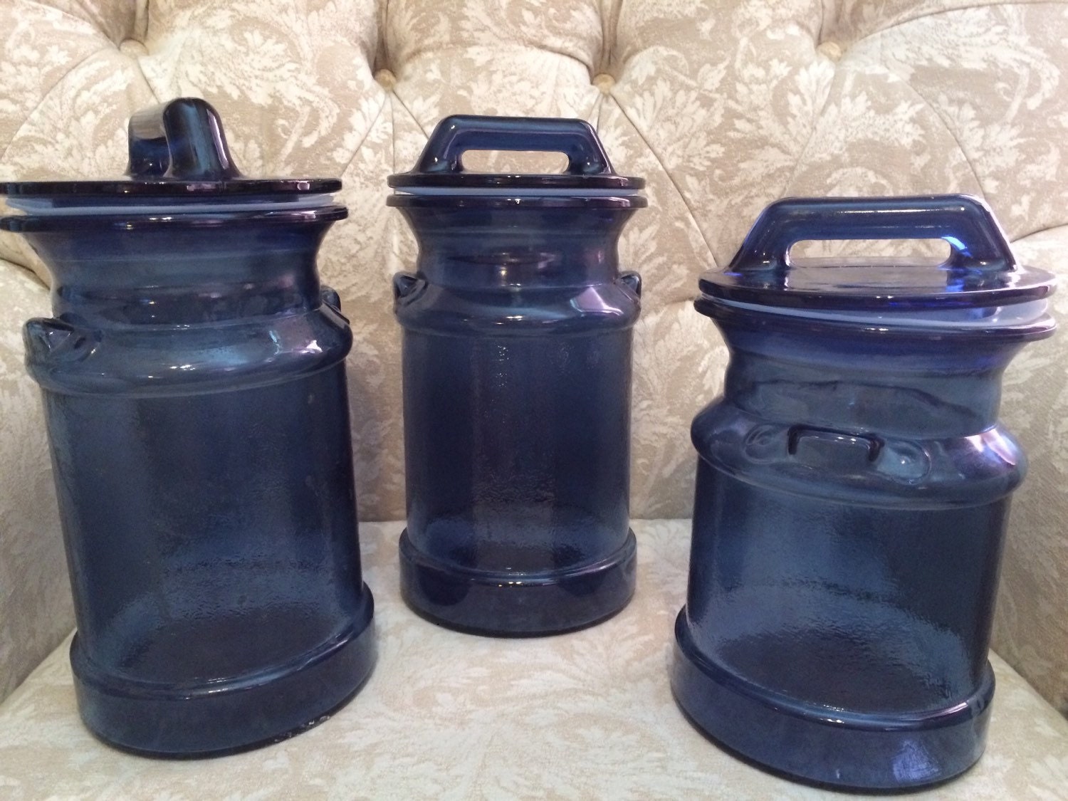 Retro Blue Glass L.E. Smith Milk Jug Canisters Set Of Three
