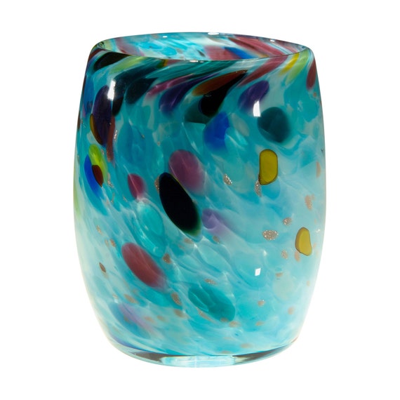 Votive Candle Holder. Hand Blown Art Glass in Teal with Magic