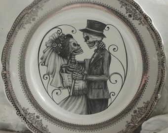 Skeleton Skull Wedding Couple Bride & Groom on Gold or Silver Dinnerware/Dishes/Plates, Goth Wedding, Steampunk Wedding, Victorian Wedding
