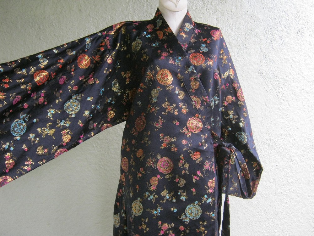 Japanese Brocade Robe Black Brocade Kimono Midi Length