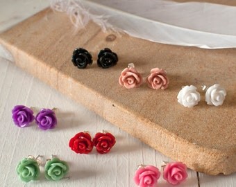 Rose Studs, Rose Earrings, Flower Earrings, Flower Stud Earrings, Sterling Silver Rose Earrings, Floral Earrings, Red Rose Earrings