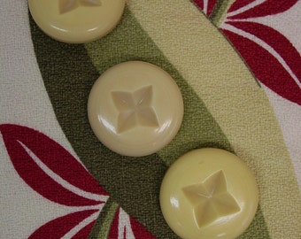 3 Big Chunky Celluloid Coat Buttons 1 11/16" Yellow, Carved
