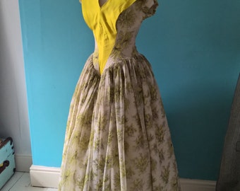 Original vintage 1950s lemon yellow floral print ball dress