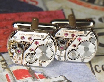 Steampunk Cuff Links Cufflinks - Torch Soldered - Antique Silver OMEGA Watch Movements w Ruby Jewels - Super Rare Pair w Beautiful Shine -