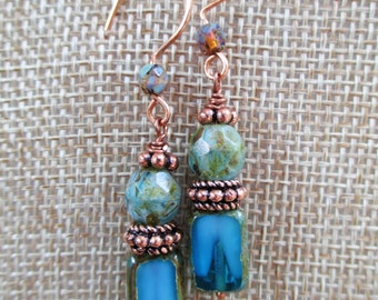 Turquoise and Copper Glass Earrings