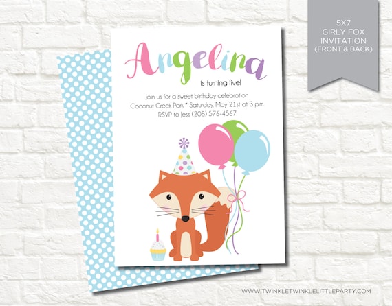 Girly Fox Birthday Party Digital Invitation Il_570xn