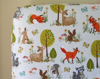 Woodland Baby Nursery Bedding, Crib Sheet or Changing Pad Cover, Forest Fellows Raccoons Nature Gender Neutral Boy or Girl, Fox Deer Bedding