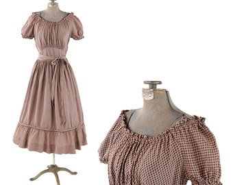 Vintage 1940's Gay Gibson Rayon Gray + Pink Windowpane Smocked Neck Puffy Sleeves Garden Party Dress S