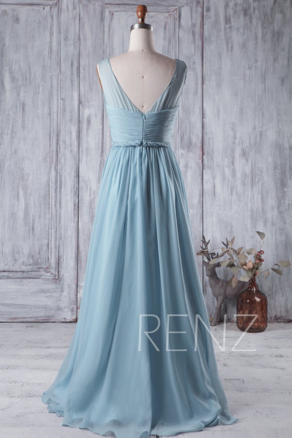 2019 Long  Dusty  Blue  Bridesmaid  Dress  V Neck Chiffon Wedding 