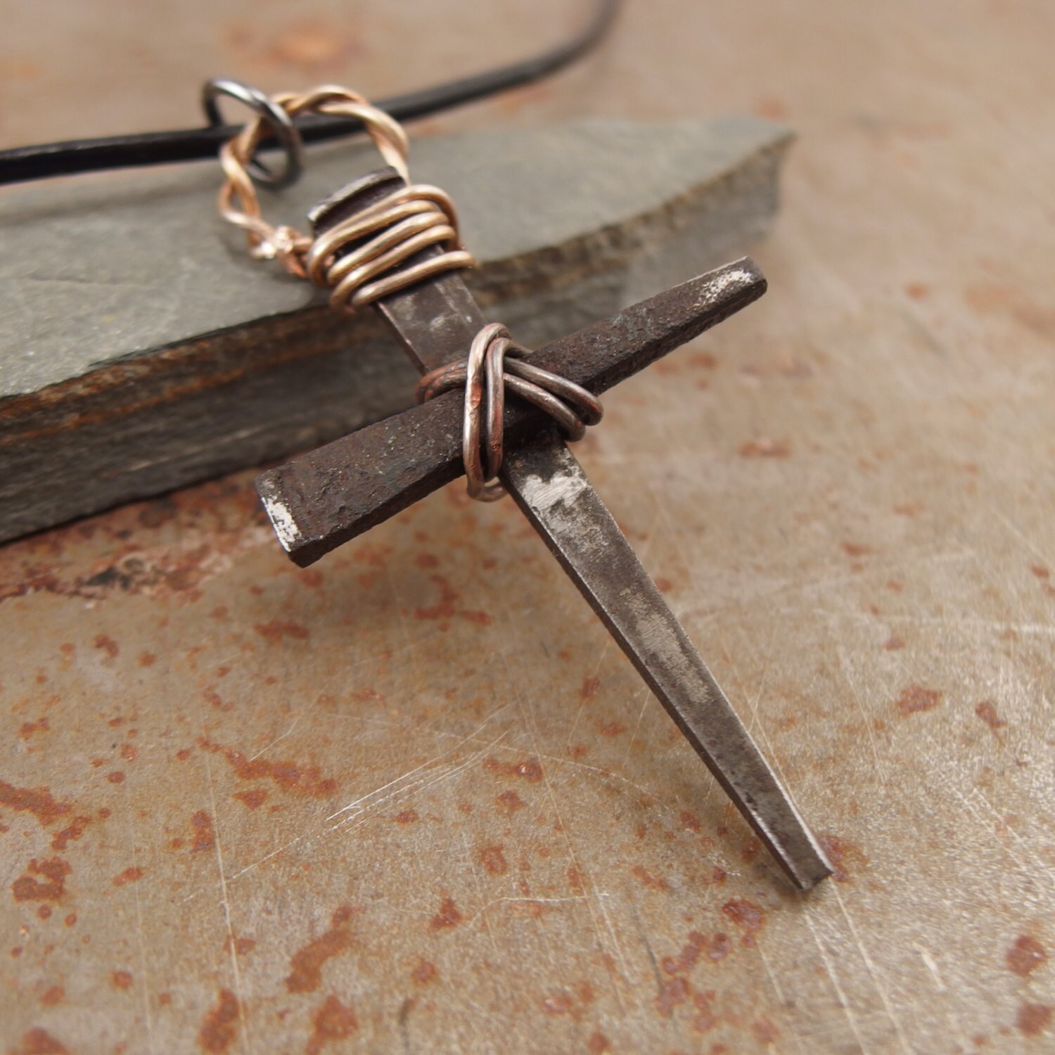 Rustic Medieval Rusty Nails Christian Cross Pendant Necklace